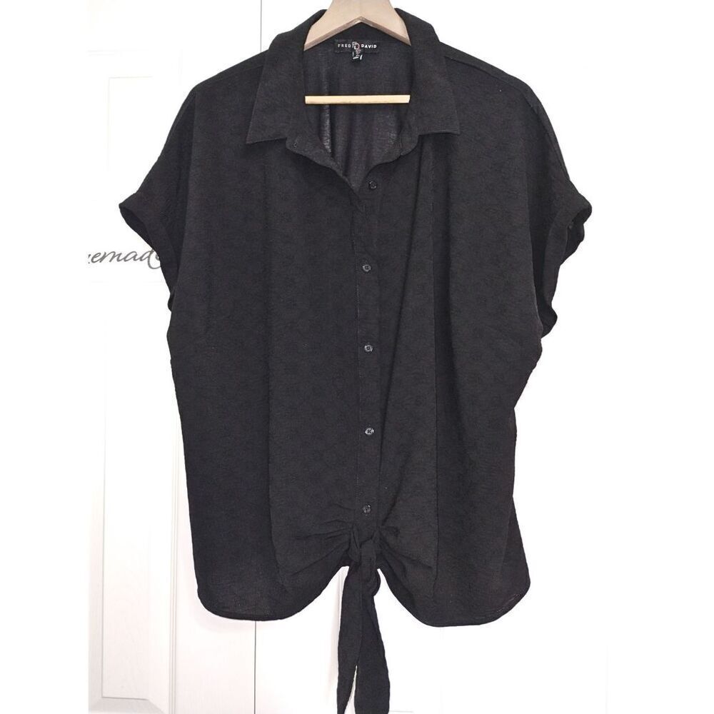 Women's Fred David Black Textured Short-Sleeved Button-Down Tie-Up Blouse -Sz 2X